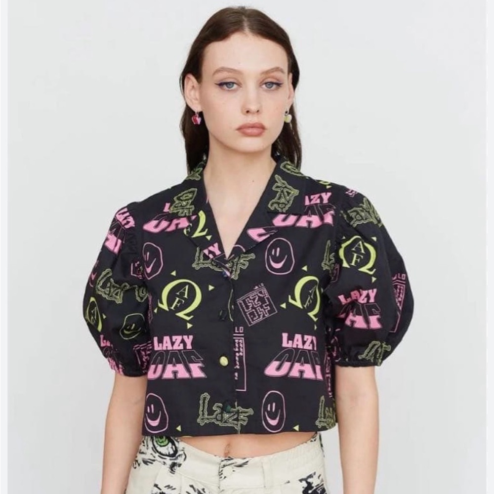 Lazy Oaf digital puff sleeve button down top black